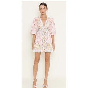 FORE Floral Eyelet Puff Sleeve Mini  DressTop Cottagecore Romantic Pink Sz L